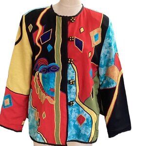 Allure Embroidered Blazer Jacket Art-to-Wear Cotton Rayon Flax Sz M 158D